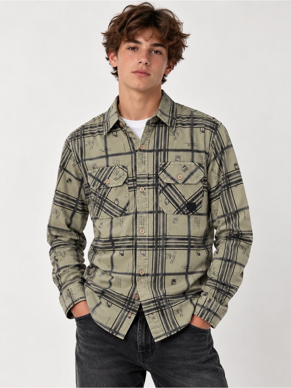 Diesel Boys Plaid Novelty Graphic Button Down Shirt Khaki 15/16 Years